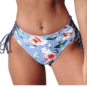 Cupshe Floral Print Lace Up Bikini Bottoms Blue Pink White Women Large L…